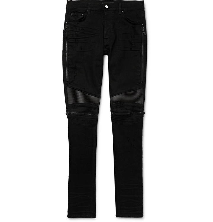 Photo: AMIRI - MX2 Skinny-Fit Leather-Panelled Distressed Stretch-Denim Jeans - Black