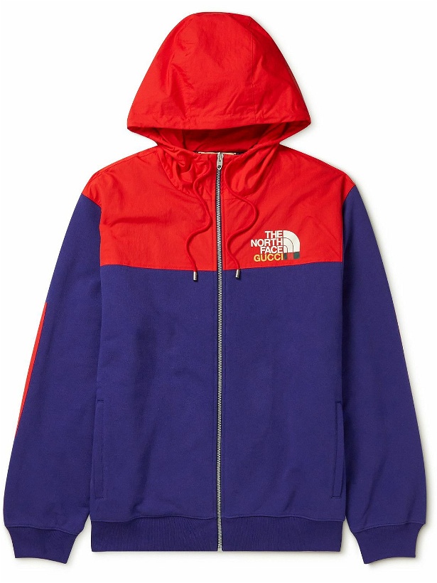 Photo: GUCCI - The North Face Shell-Trimmed Logo-Print Cotton-Jersey Zip-Up Hoodie - Blue