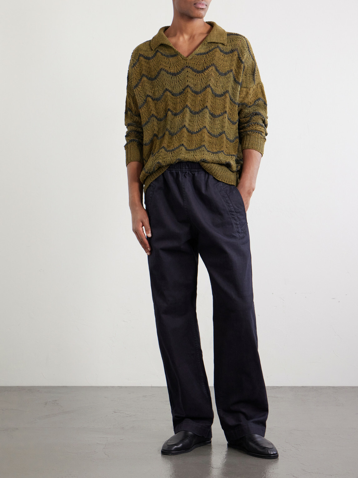 Kartik Research - Striped Knitted Cotton Polo Sweater - Green