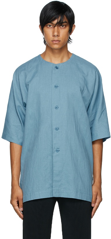 Photo: Homme Plissé Issey Miyake Blue Cotton & Linen Short Sleeve Shirt