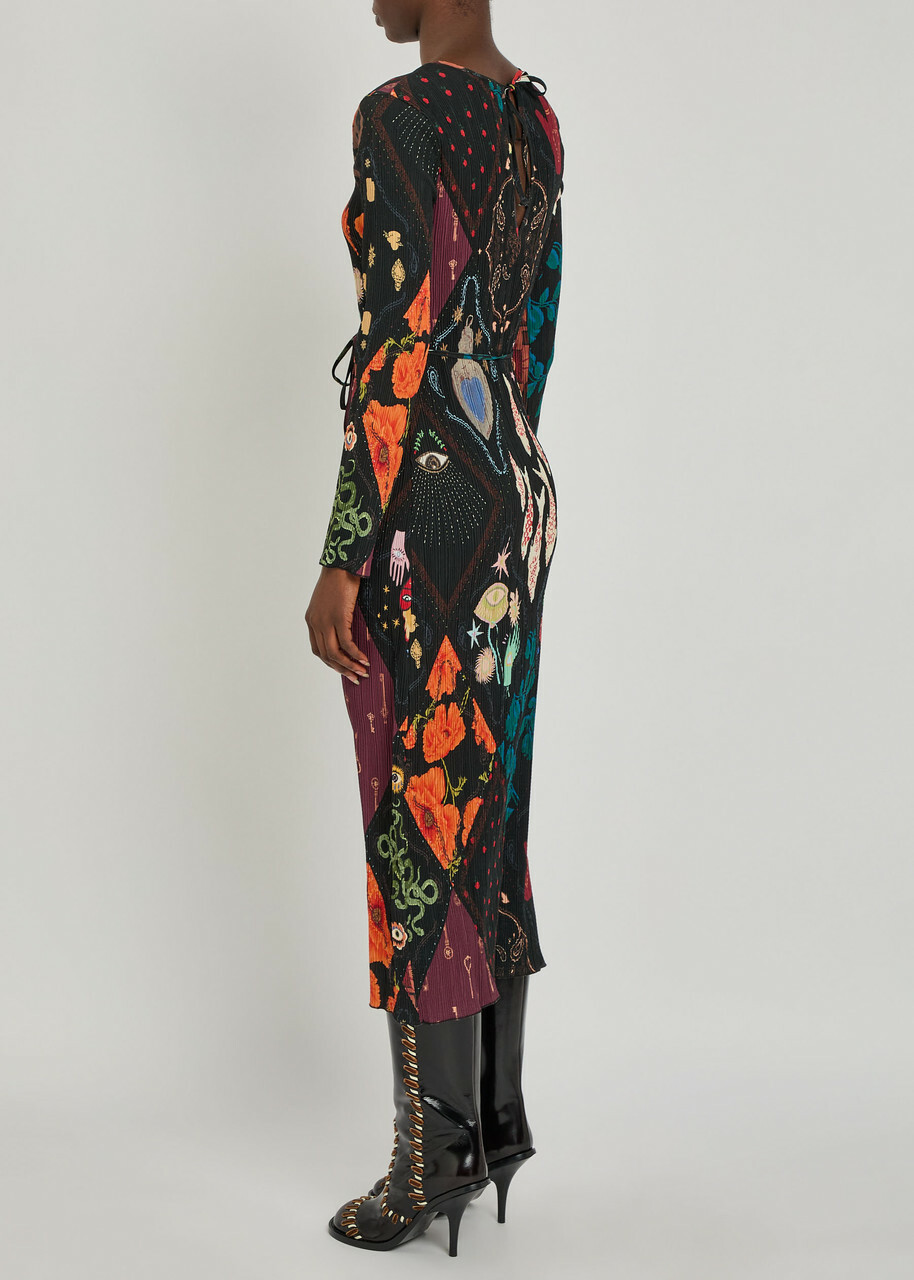 Never Fully Dressed Gaia Printed Plissé Midi Dress Black