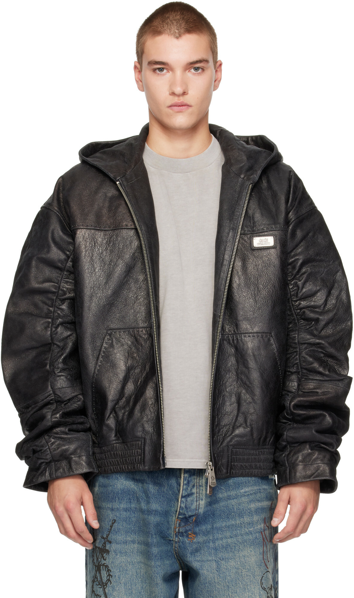 Ksubi Black Slouchy Leather Bomber Jacket