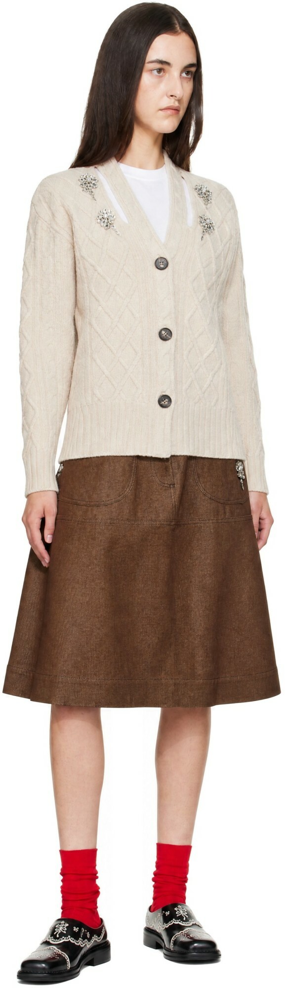 Simone Rocha Beige Embellished Cable Knit Slash Cardigan