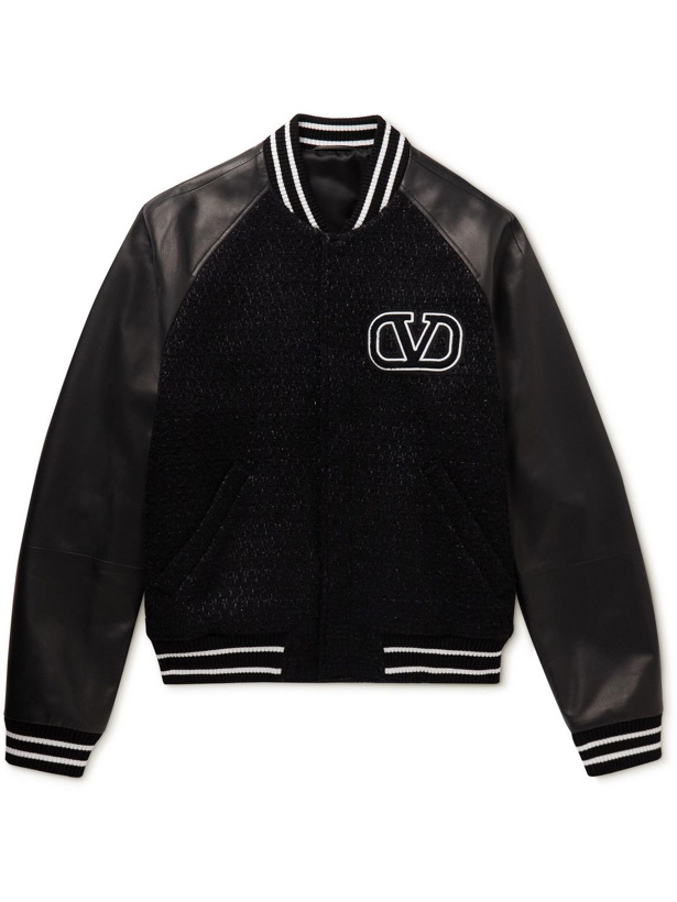 Photo: Valentino - Logo-Appliquéd Metallic Bouclé-Tweed and Leather Varsity Jacket - Black