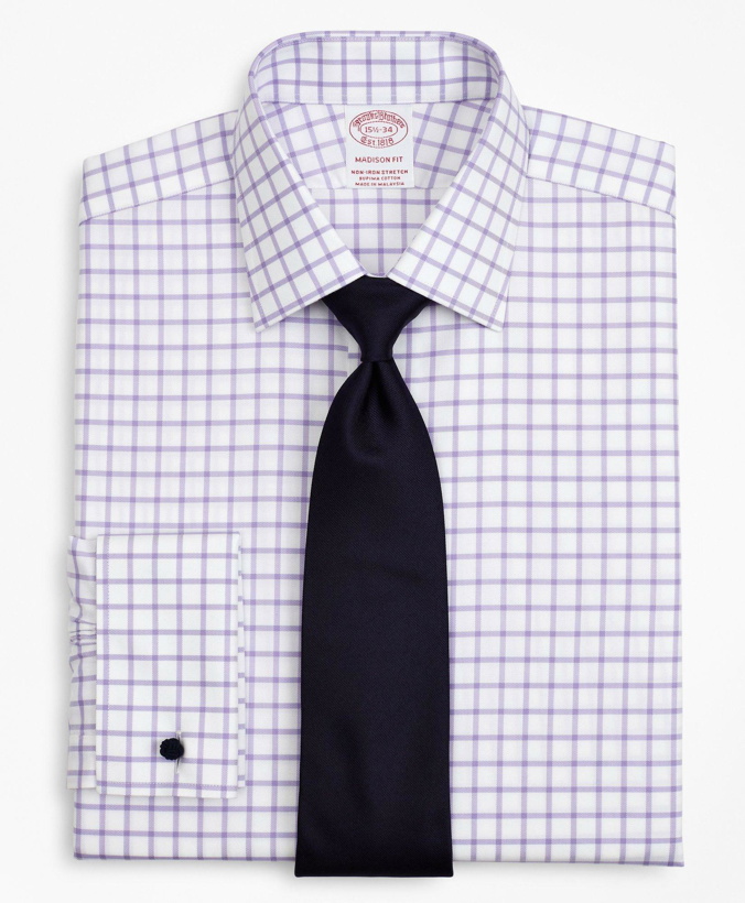 Photo: Brooks Brothers Men's Stretch Madison Relaxed-Fit Dress Shirt, Non-Iron Twill Ainsley Collar French Cuff Grid Check | Lavender