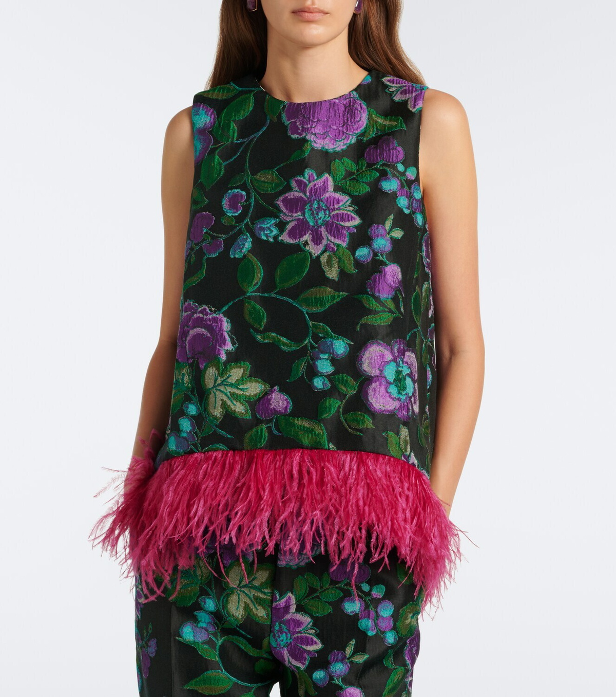 La DoubleJ La Scala feather-trimmed jacquard top