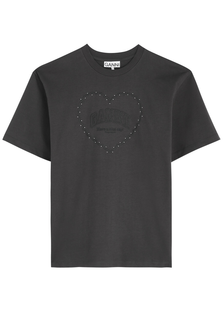 Ganni Logo Crystal-embellished Cotton T-shirt Dark Grey GANNI