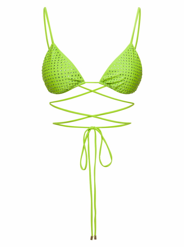 Photo: self-portrait Bikini Top With All-over Crystal Embellishment In Green Polyamide Woman