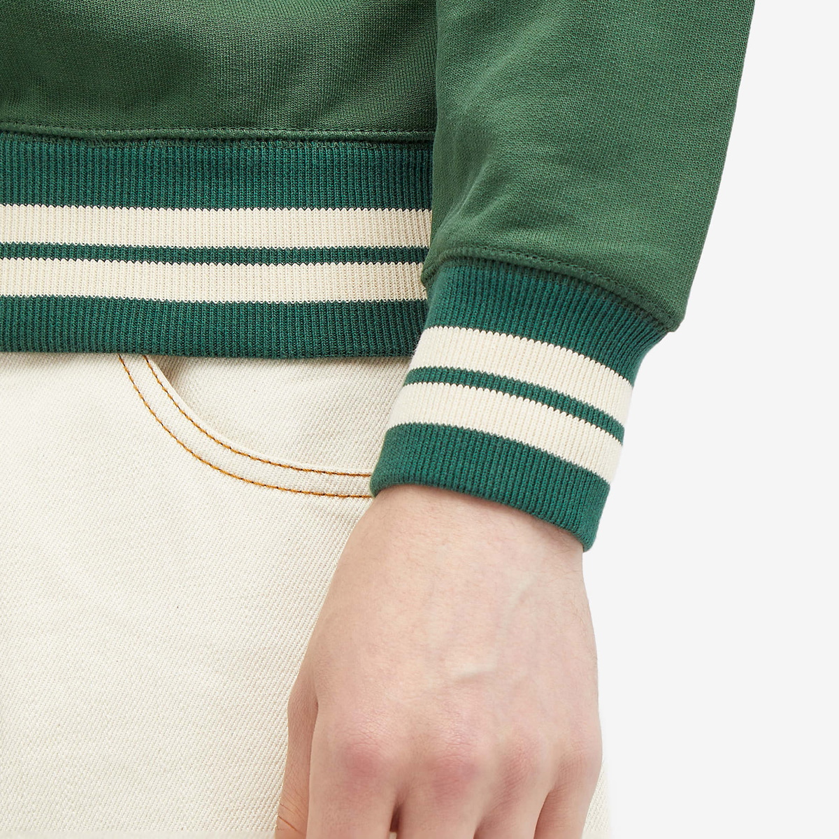 Drake's Men's Striped Rib Crew Sweatshirt in Green/Ecru Drake's