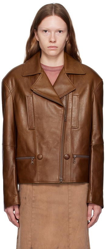 Photo: OPEN YY Brown Moto Leather Jacket