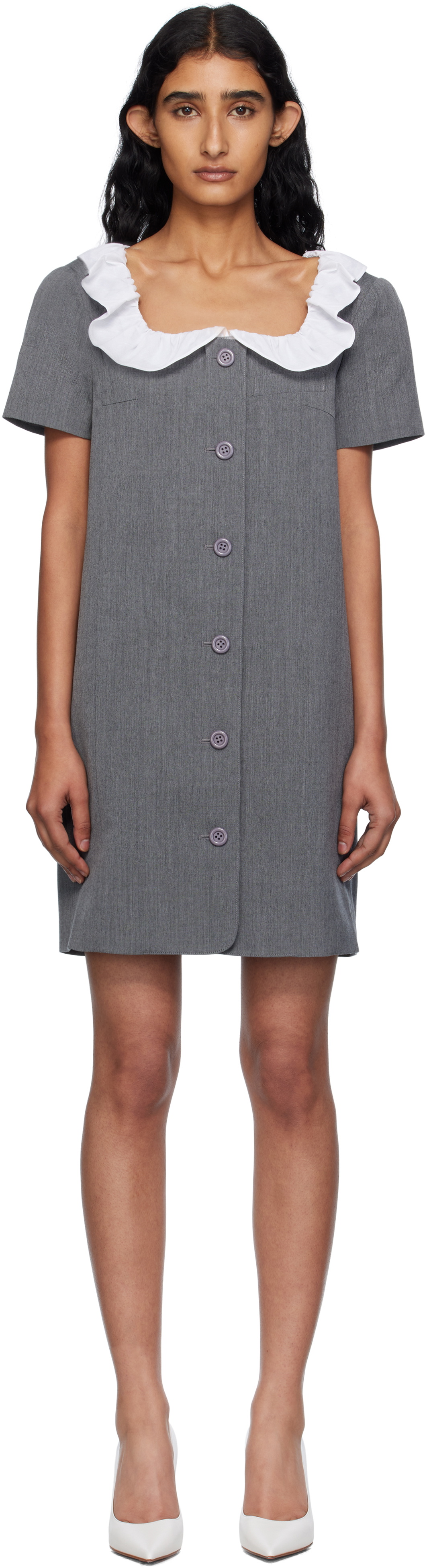 Pushbutton Gray Frilled Neck Minidress