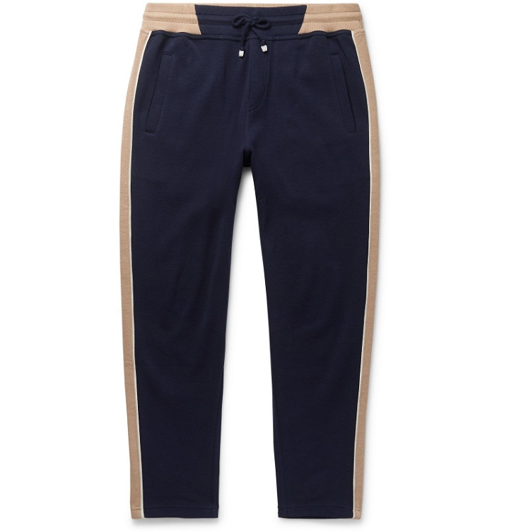 Photo: Brunello Cucinelli - Slim-Fit Tapered Striped Cotton-Blend Jersey Sweatpants - Blue