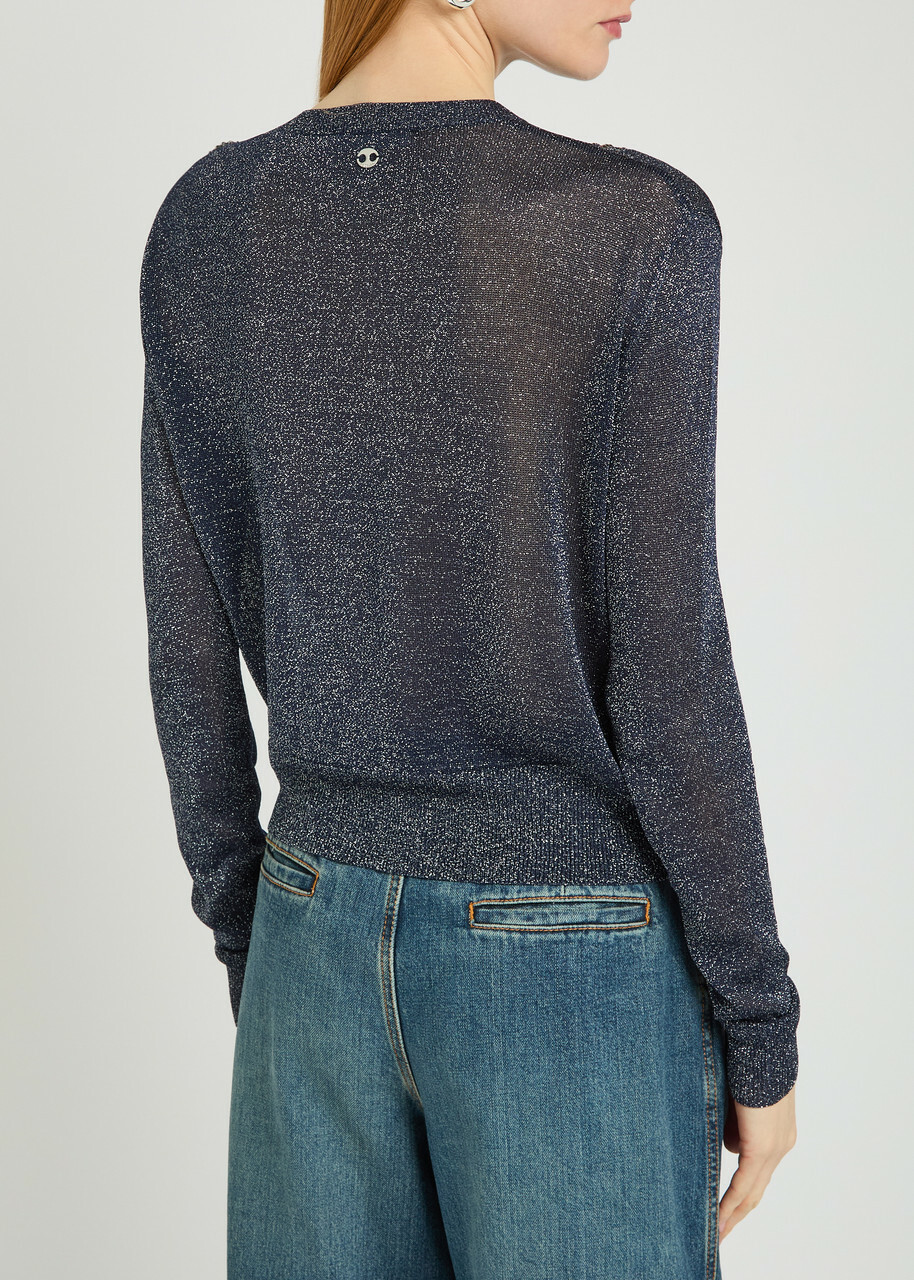 Rabanne Embellished Metallic-knit Cardigan Navy