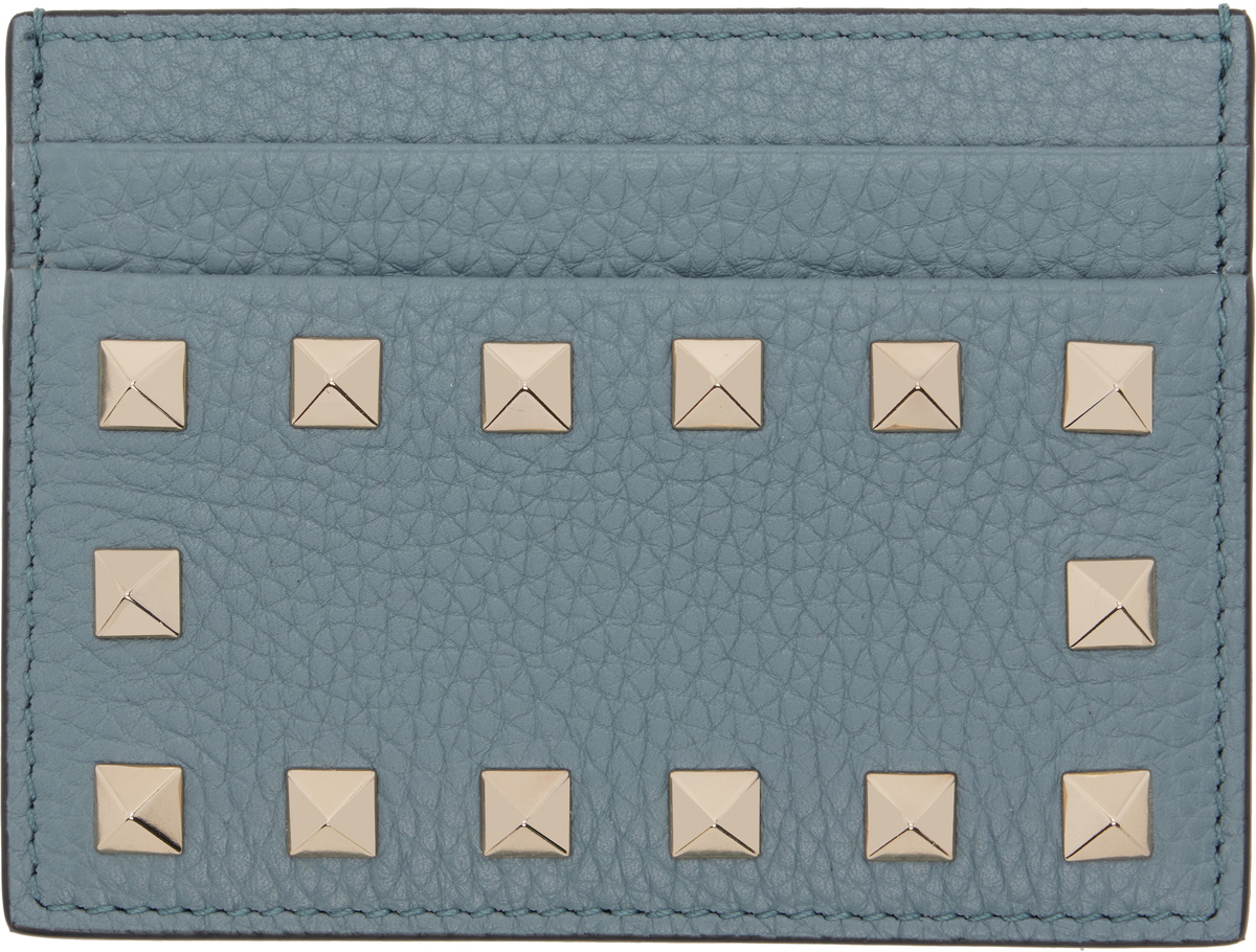 Valentino Garavani Gray Rockstud Grainy Calfskin Card Holder