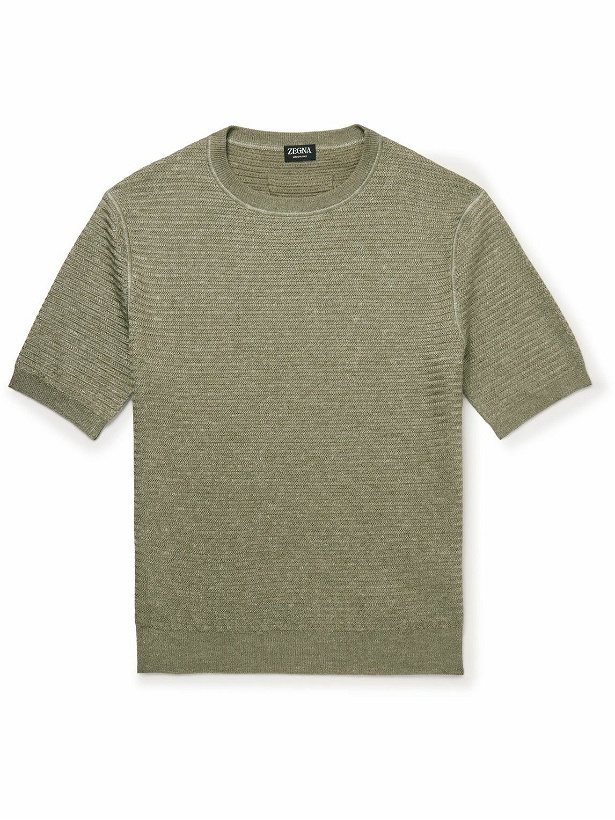 Photo: Zegna - Herringbone Silk, Linen and Cashmere-Blend T-Shirt - Green