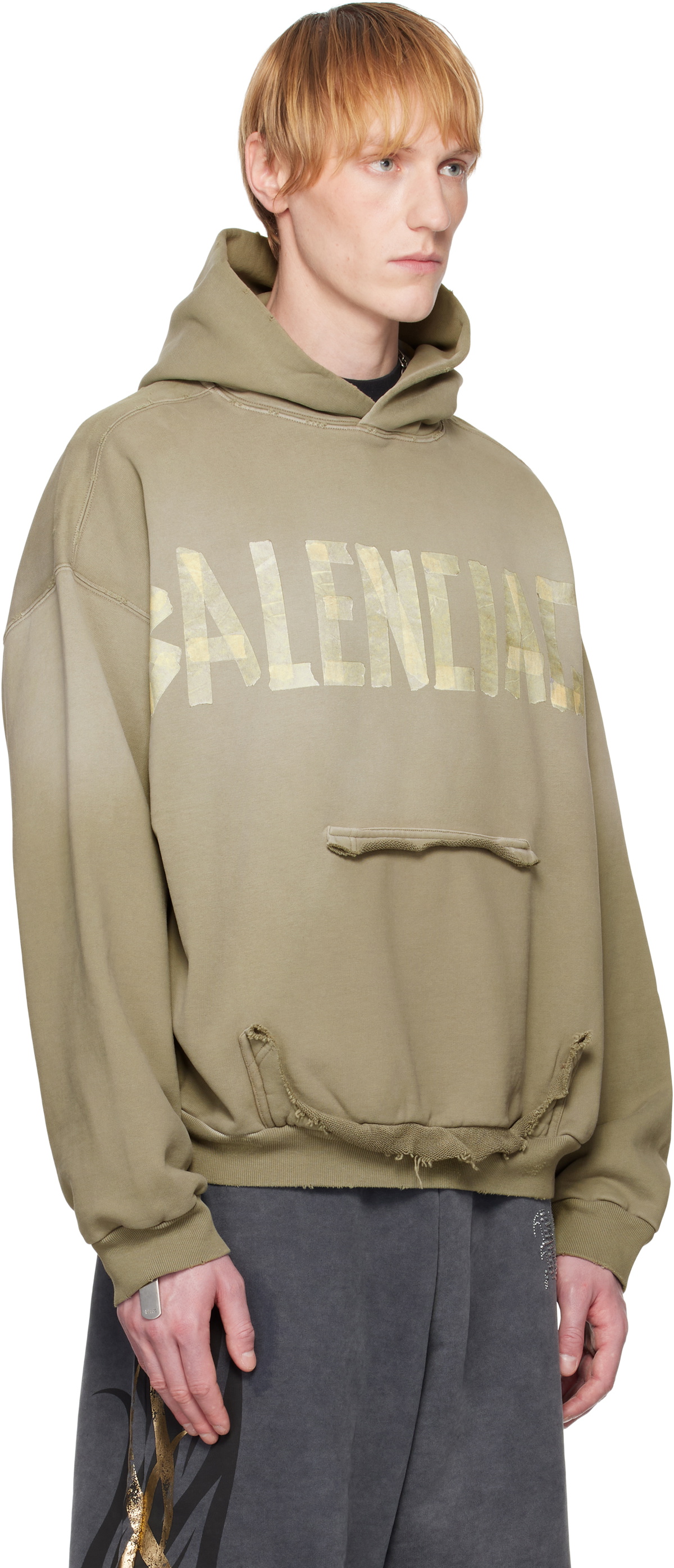 人気！【Balenciaga】グリーン Tape Type Ripped Pocketフーディ Balenciaga Green Tape Type Ripped Pocket Hoodie Balenciaga