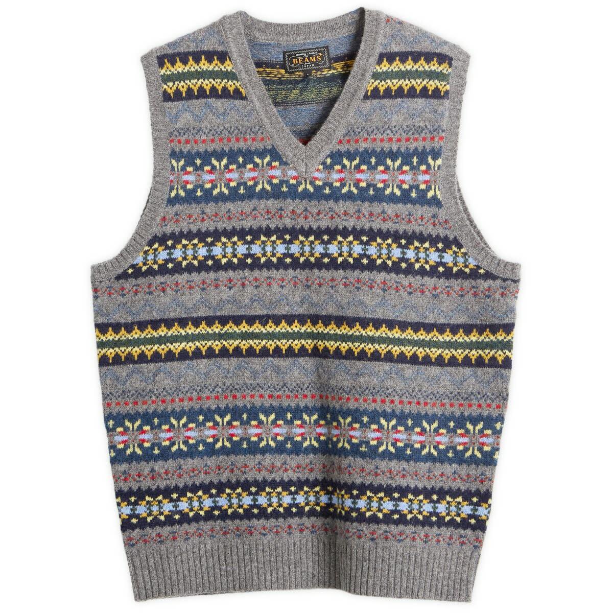 Beams Plus Men's Fair Isle Knit Vest in Grey
