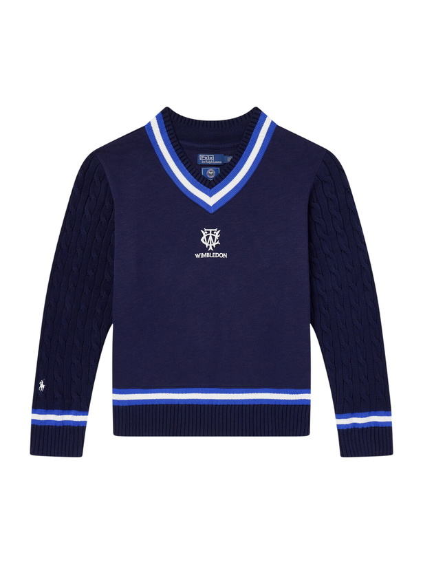 Photo: Polo Ralph Lauren - Wimbledon Logo-Embroidered Cable-Knit Cotton-Blend Fleece Sweater - Blue