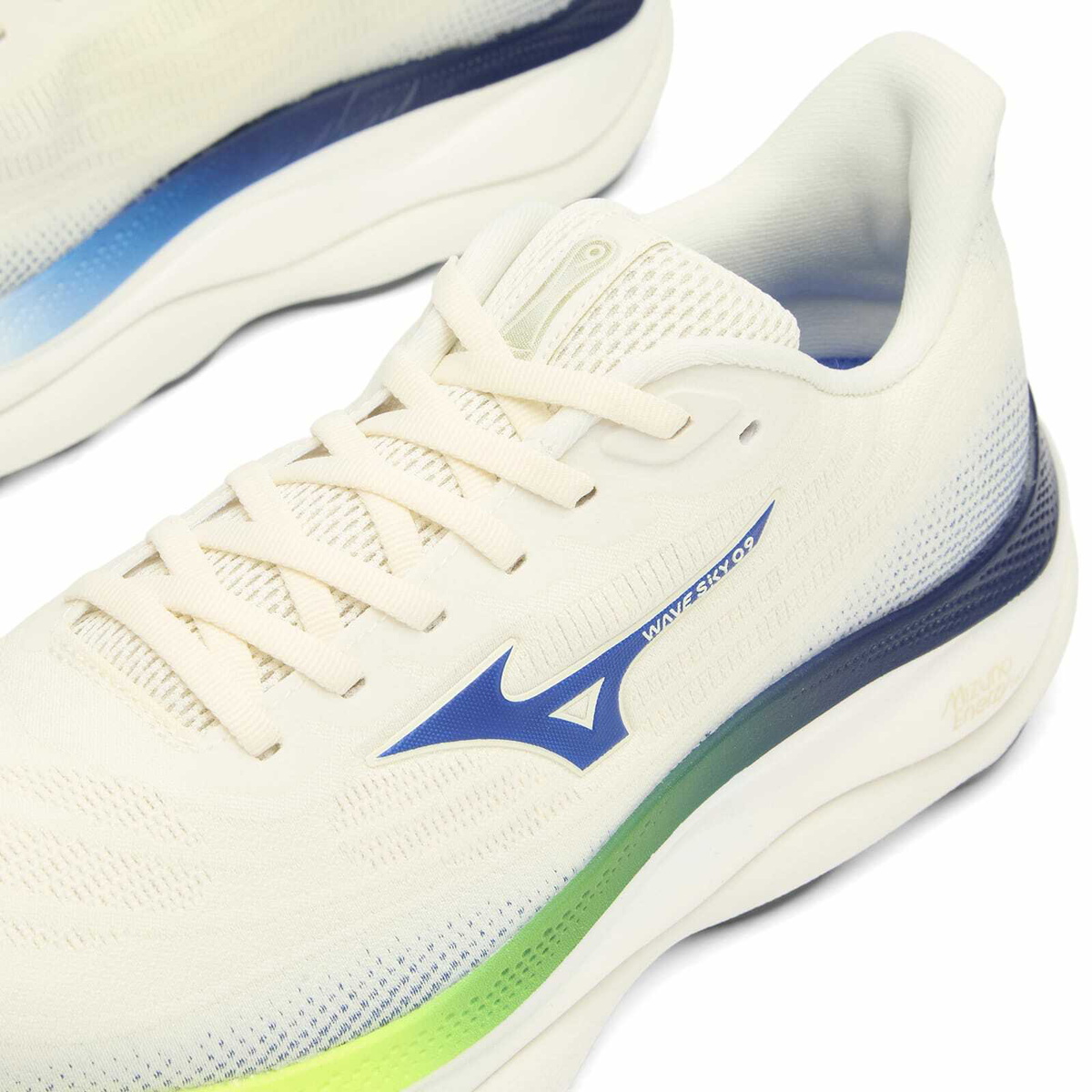 Mizuno Men's Running Wave Sky 9 Sneaker in Snow White/Surf The Web/Lightning Yellow