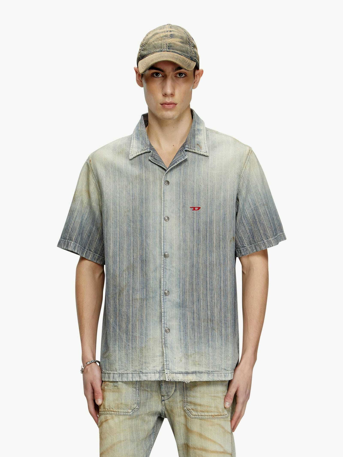 Diesel D-nabil-d Striped Distressed Denim Shirt