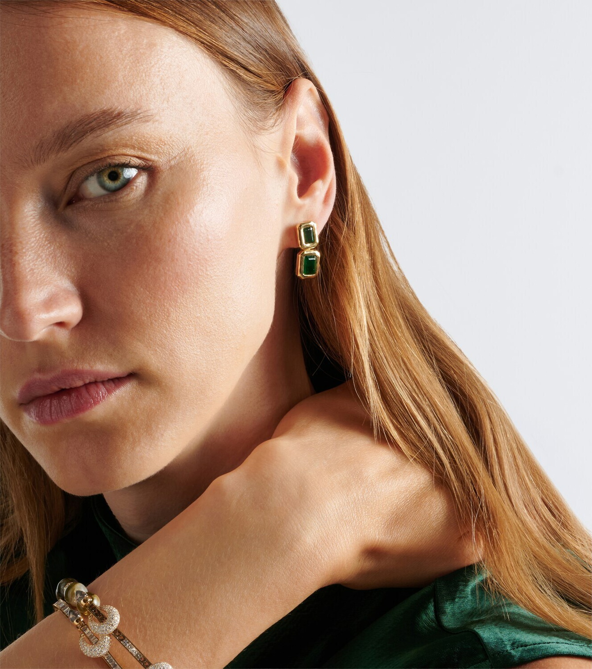 Octavia Elizabeth Nesting Gem 18kt gold drop earrings with emeralds