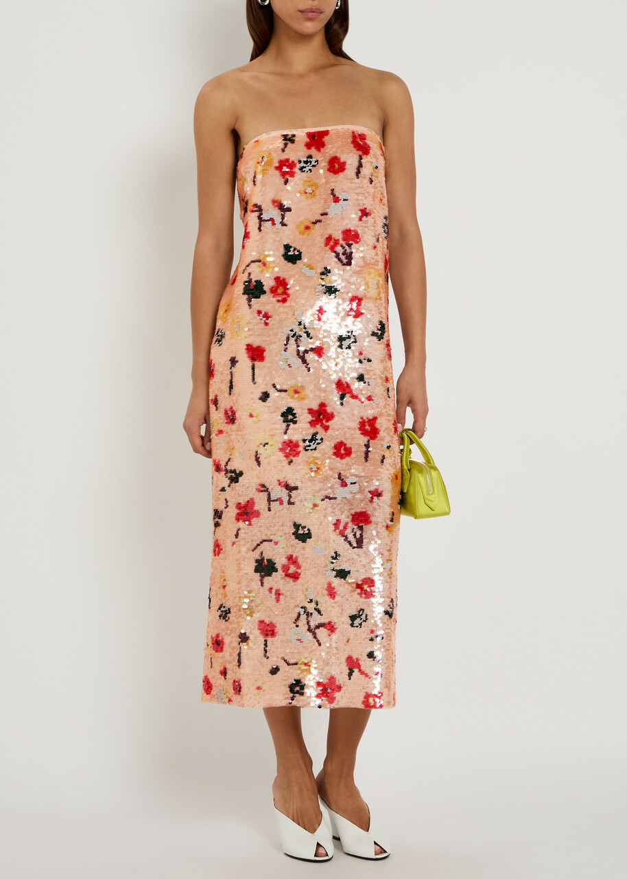 Tory Burch Floral Strapless Sequin Midi Dress Pink