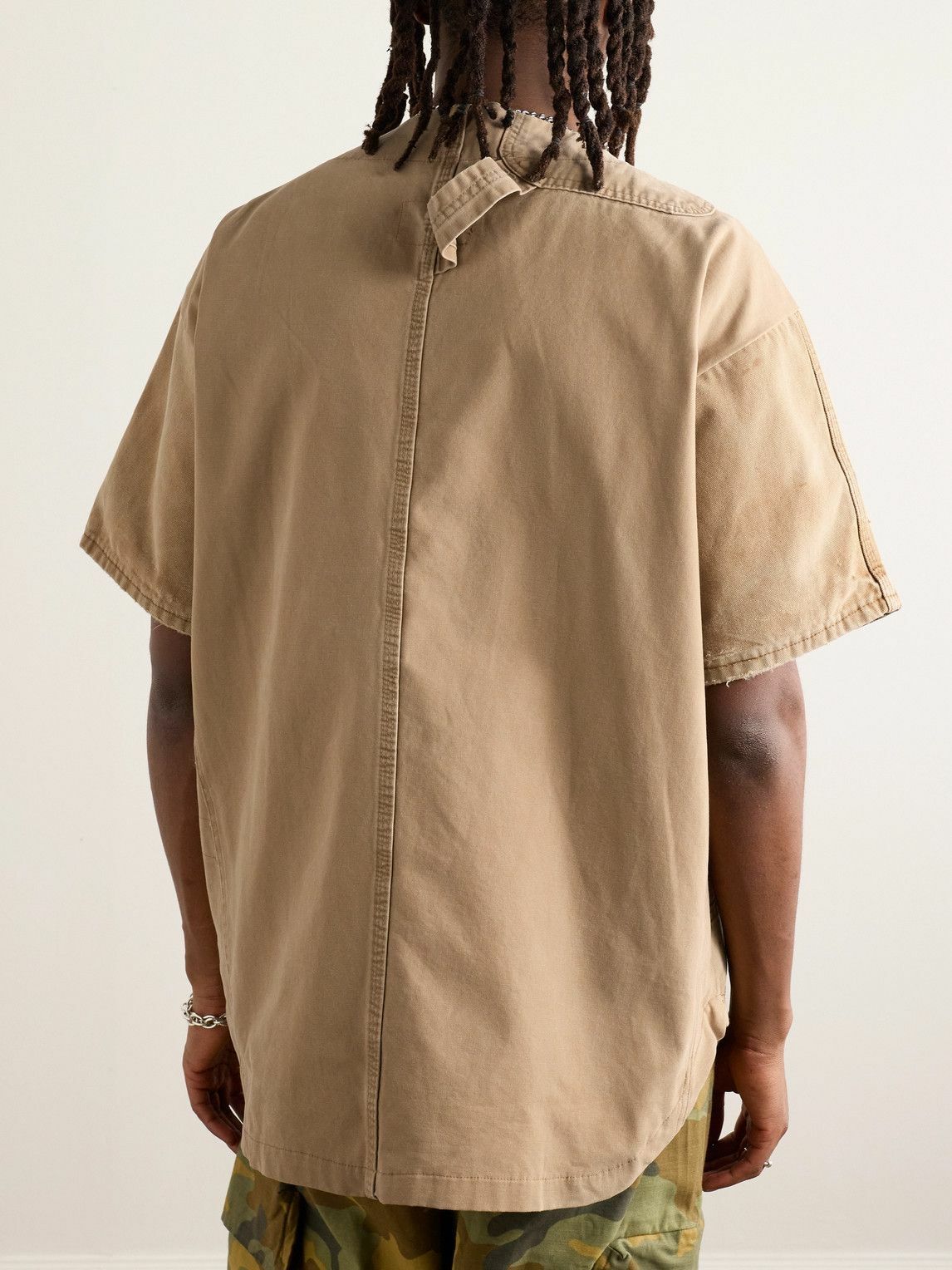 Greg Lauren - Frayed Appliquéd Embroidered Distressed Cotton-Canvas Shirt - Brown