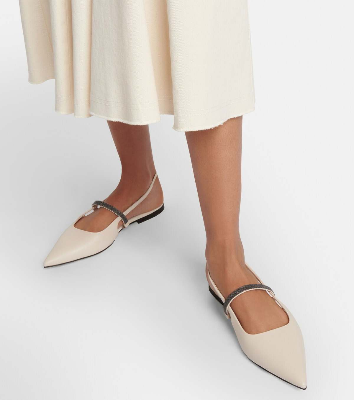 Embellished Leather Slingback Flats in Brown - Brunello Cucinelli