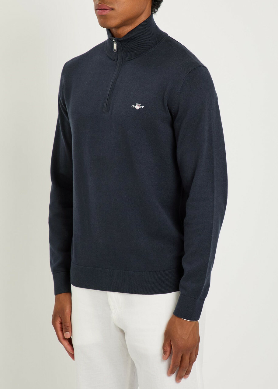 Gant Logo-embroidered Quarter-zip Cotton Jumper Navy