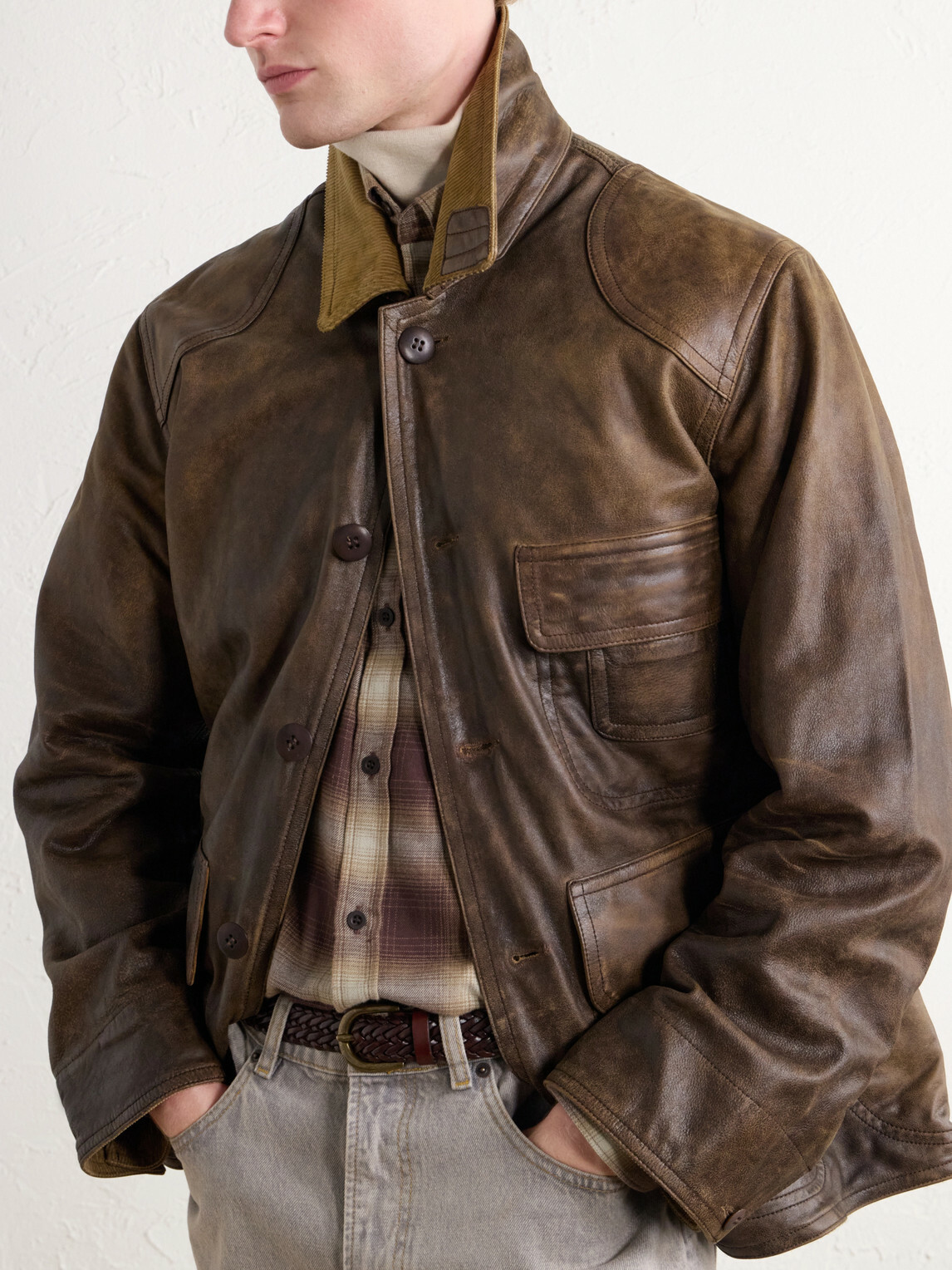 RRL - Corduroy-Trimmed Leather Jacket - Brown