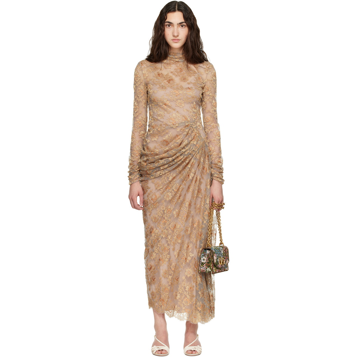 Valentino Beige Feather Lace Maxi Dress