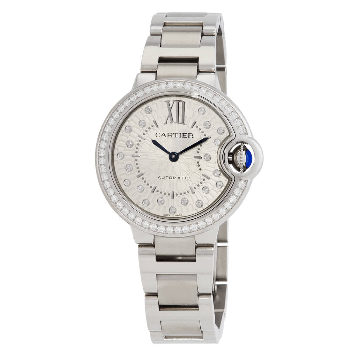 Cartier Ballon Bleu 33mm Automatic Diamond Silver Dial Ladies Watch W4BB0035