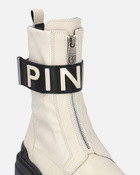 Pinko Leather Combat Boots With Branded Front Stretch Ribbon Yoghurt