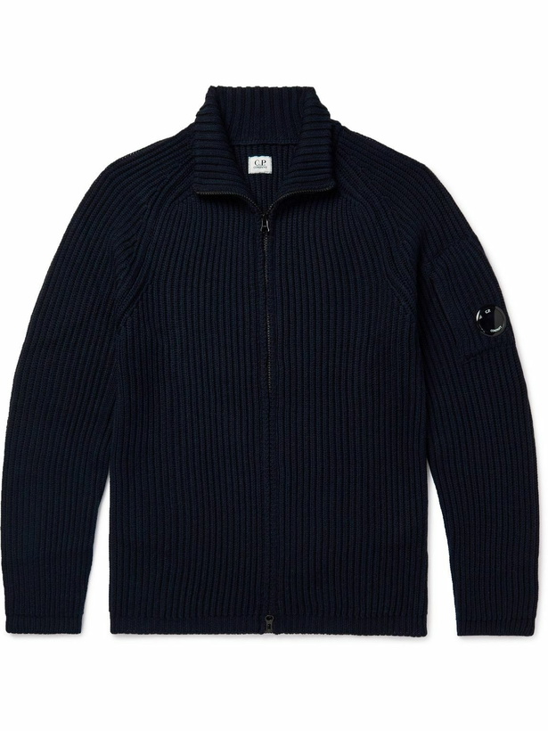 Photo: C.P. Company - Logo-Appliquéd Ribbed Wool-Blend Cardigan - Blue