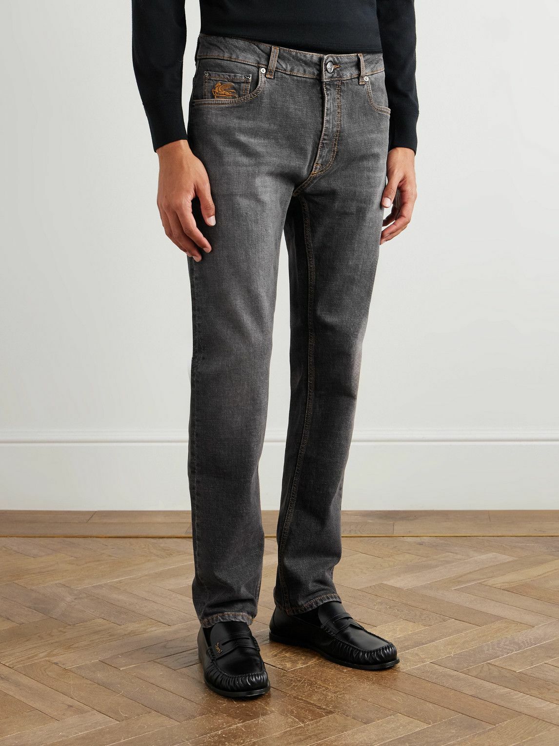 Etro - Roma Slim-Fit Straight-Leg Logo-Embroidered Jeans - Gray