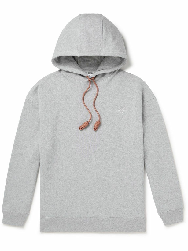 Photo: LOEWE - Logo-Embroidered Leather-Trimmed Cotton-Jersey Hoodie - Gray