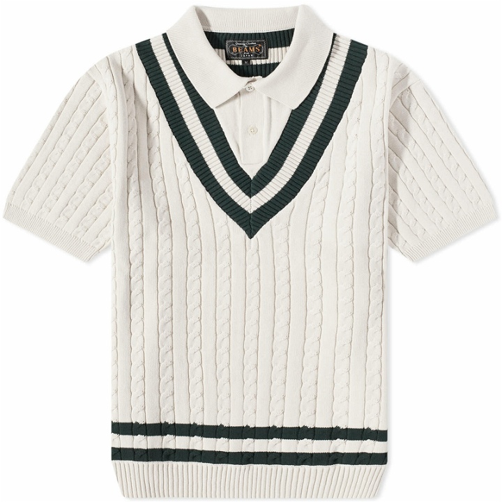 Photo: END. x Beams Plus 'Ivy League' Cricket Knit Polo Shirt in Ivory/Dark Green