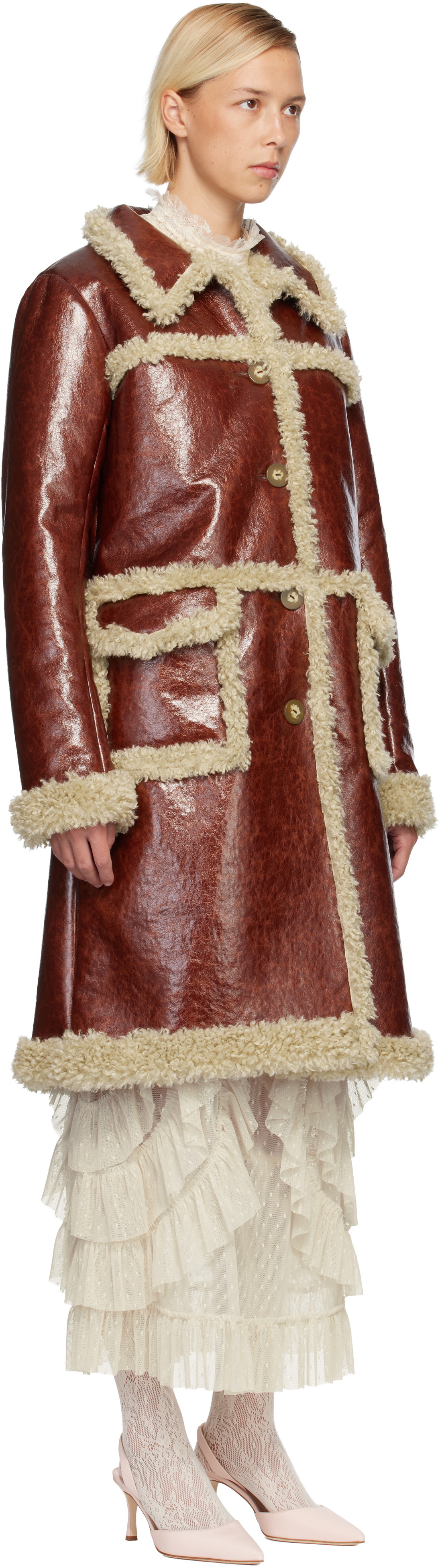 Anna Sui Brown Curly Lamb Trim Faux-Leather Coat