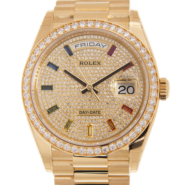 Photo: Rolex Day-Date 36 Diamond Pave Rainbow Dial 18kt Yellow Gold President Watch 128348DSP