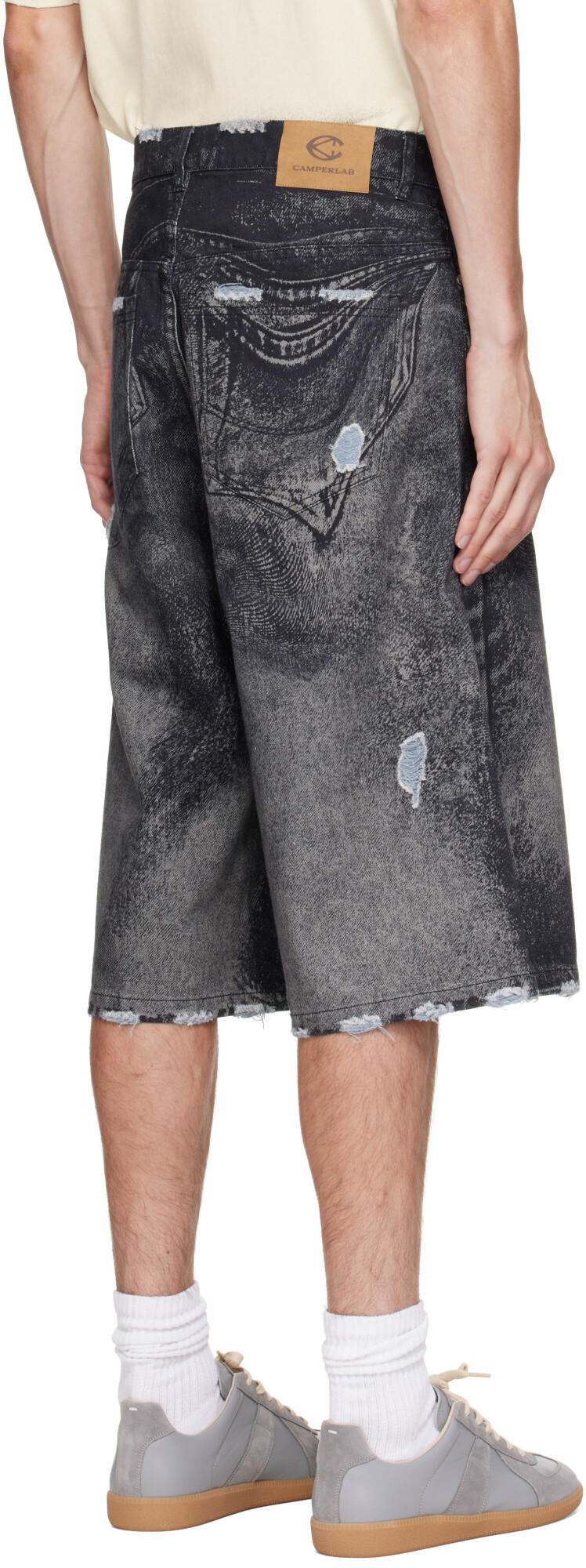 CAMPERLAB Black Distorted Print Distressed Denim Shorts