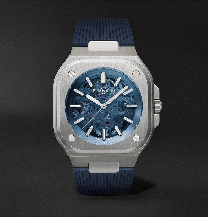 Photo: Bell & Ross - BR 05 Limited Edition Automatic Skeleton 40mm Stainless Steel and Rubber Watch, Ref. No. BR05A-BLU-SKST/SRB - Blue