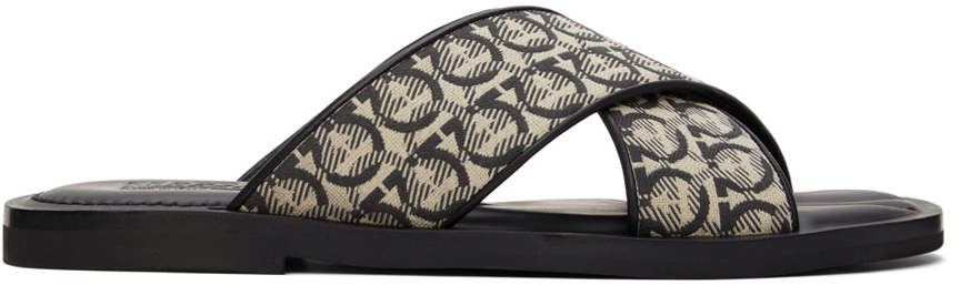 Salvatore Ferragamo Black & Beige Sion 3 Logo Sandals