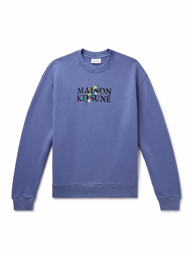 Photo: Maison Kitsuné - Logo-Print Embroidered Cotton-Jersey Sweatshirt - Blue