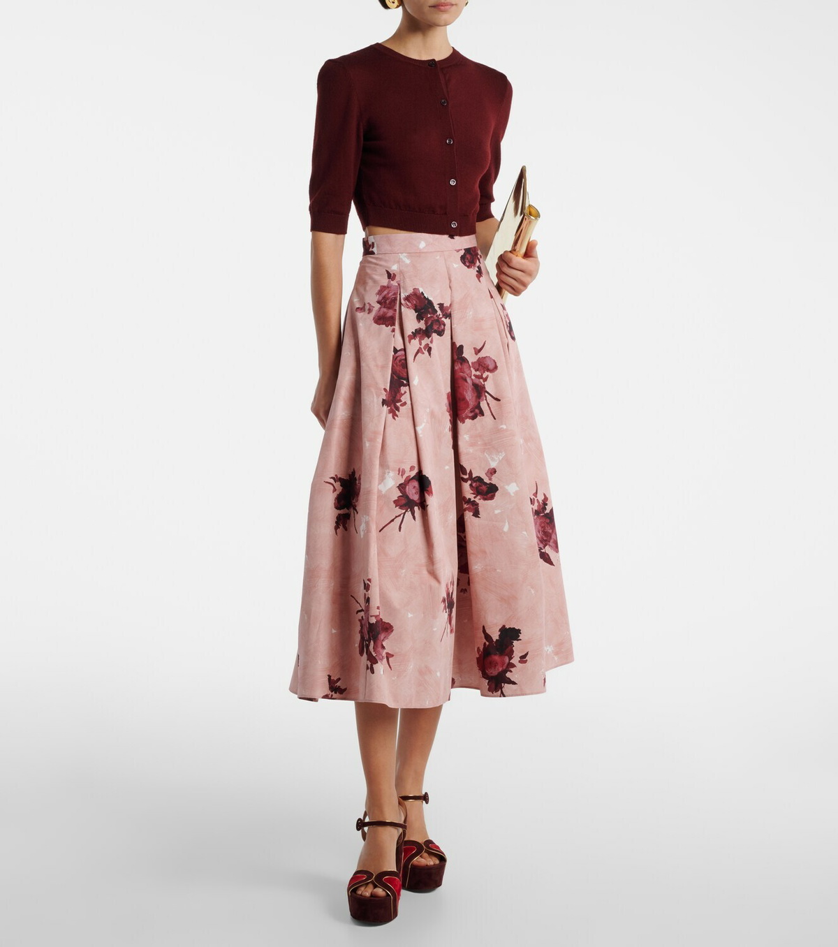 Erdem Floral pleated cotton poplin midi skirt