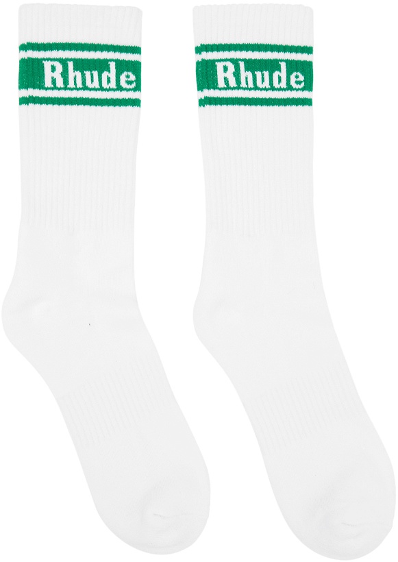 Photo: Rhude White & Green Stripe Logo Socks