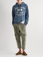 Greg Lauren - Distressed Logo-Print Cotton-Jersey, Waffle-Knit and Denim Hoodie - Blue