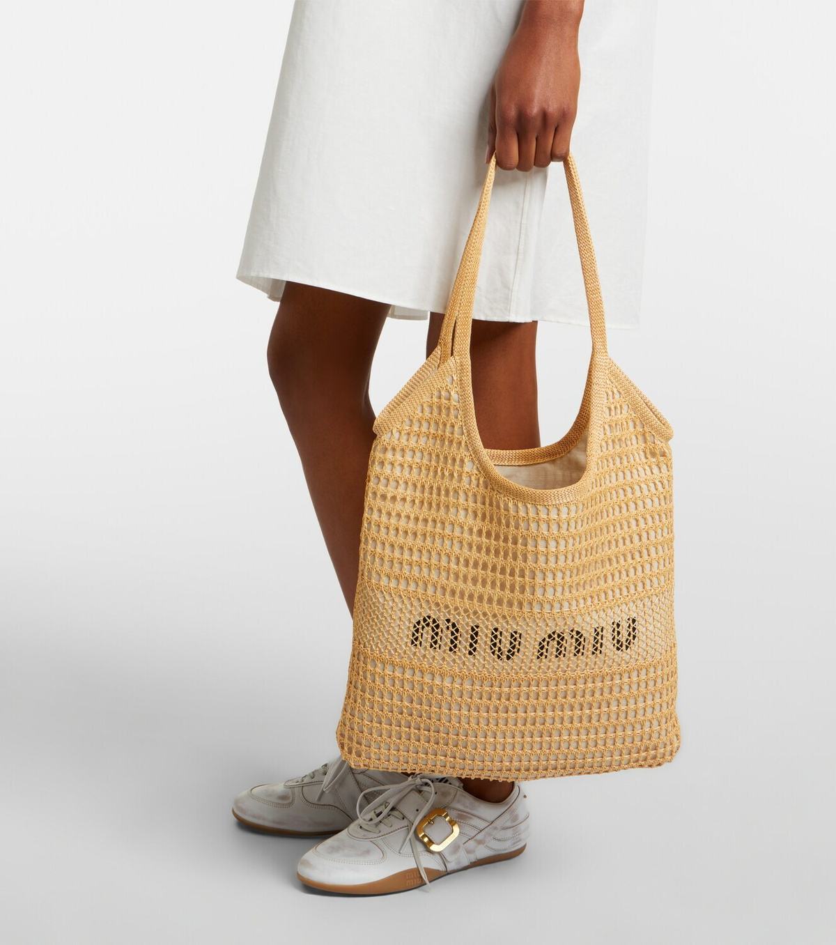 Miu Miu Ivy raffia-effect and linen shopper