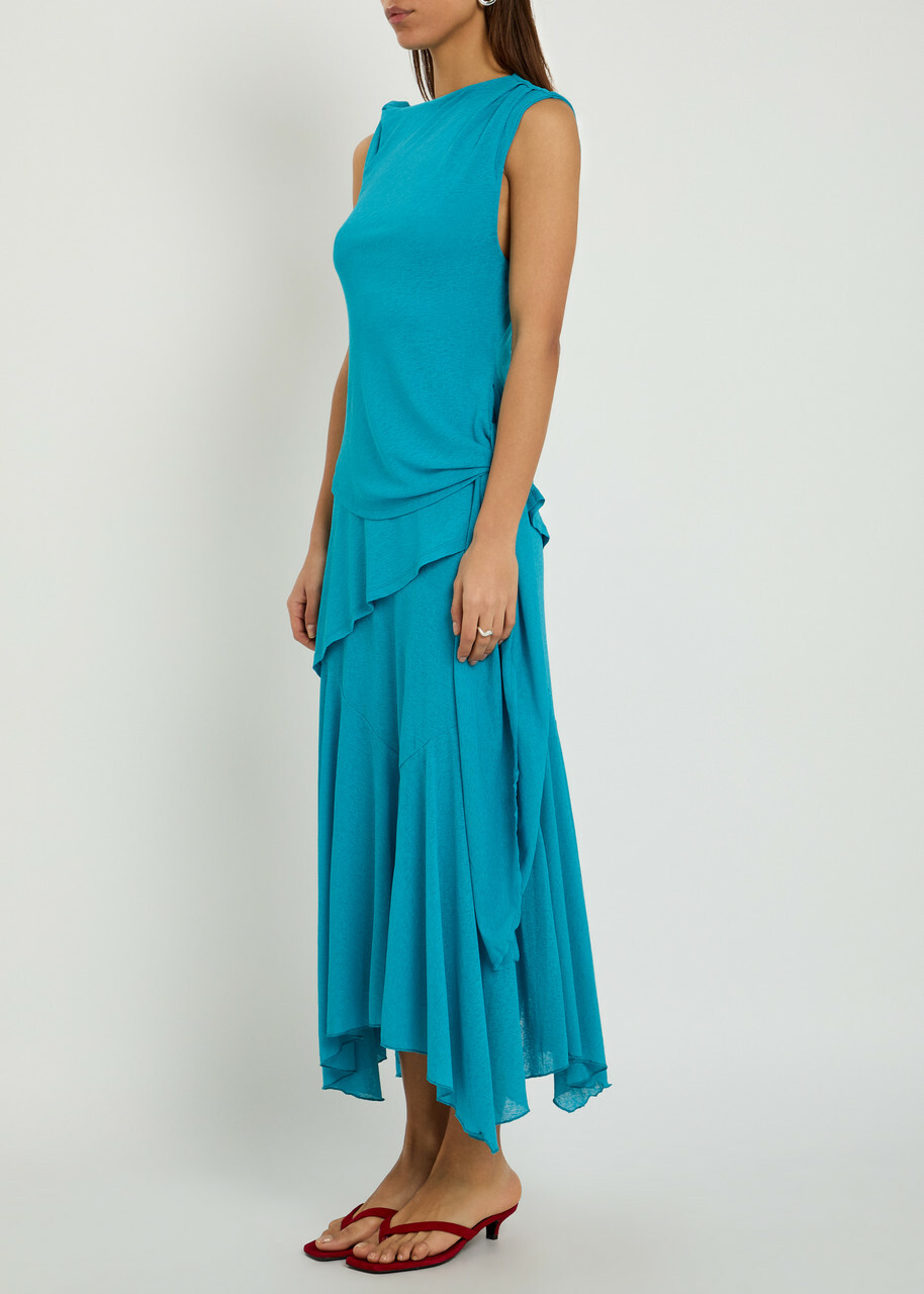 Ganni Draped Asymmetric Mesh Midi Dress Light Blue