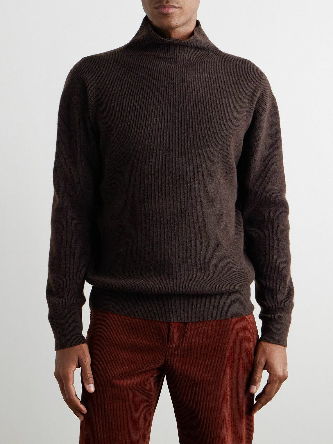 MILES LEON - Slim-Fit Ribbed Merino Wool and Cashmere-Blend Rollneck Sweater - Brown