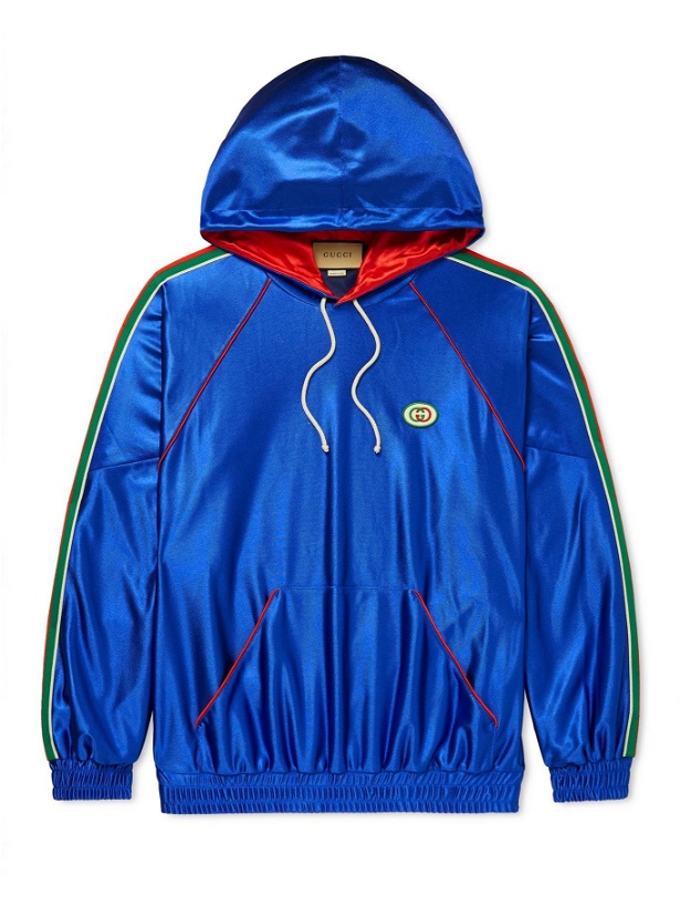 Photo: Gucci - Logo-Appliquéd Webbing-Trimmed Tech-Jersey Hoodie - Blue